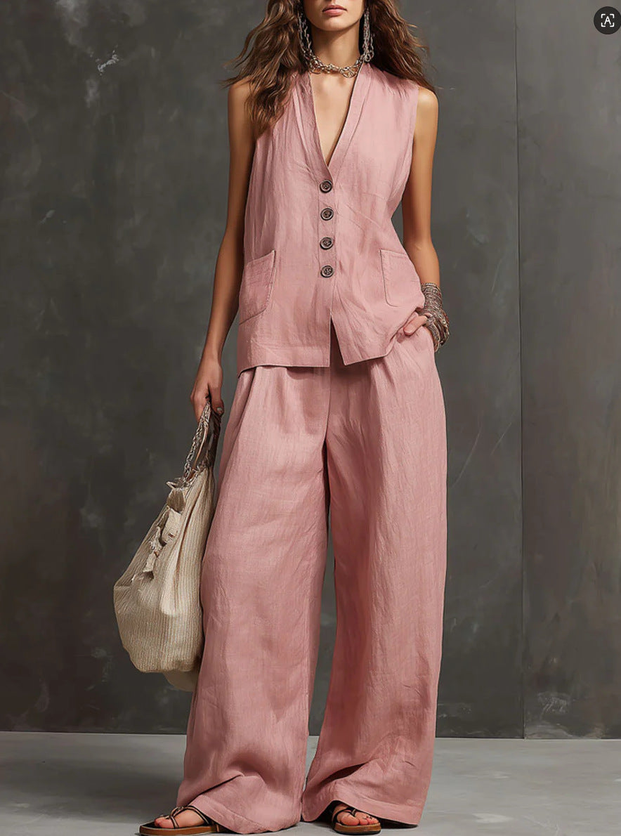 V-Neck Sleeveless Button Vest and Wide Leg Pants Two Piece Set 2