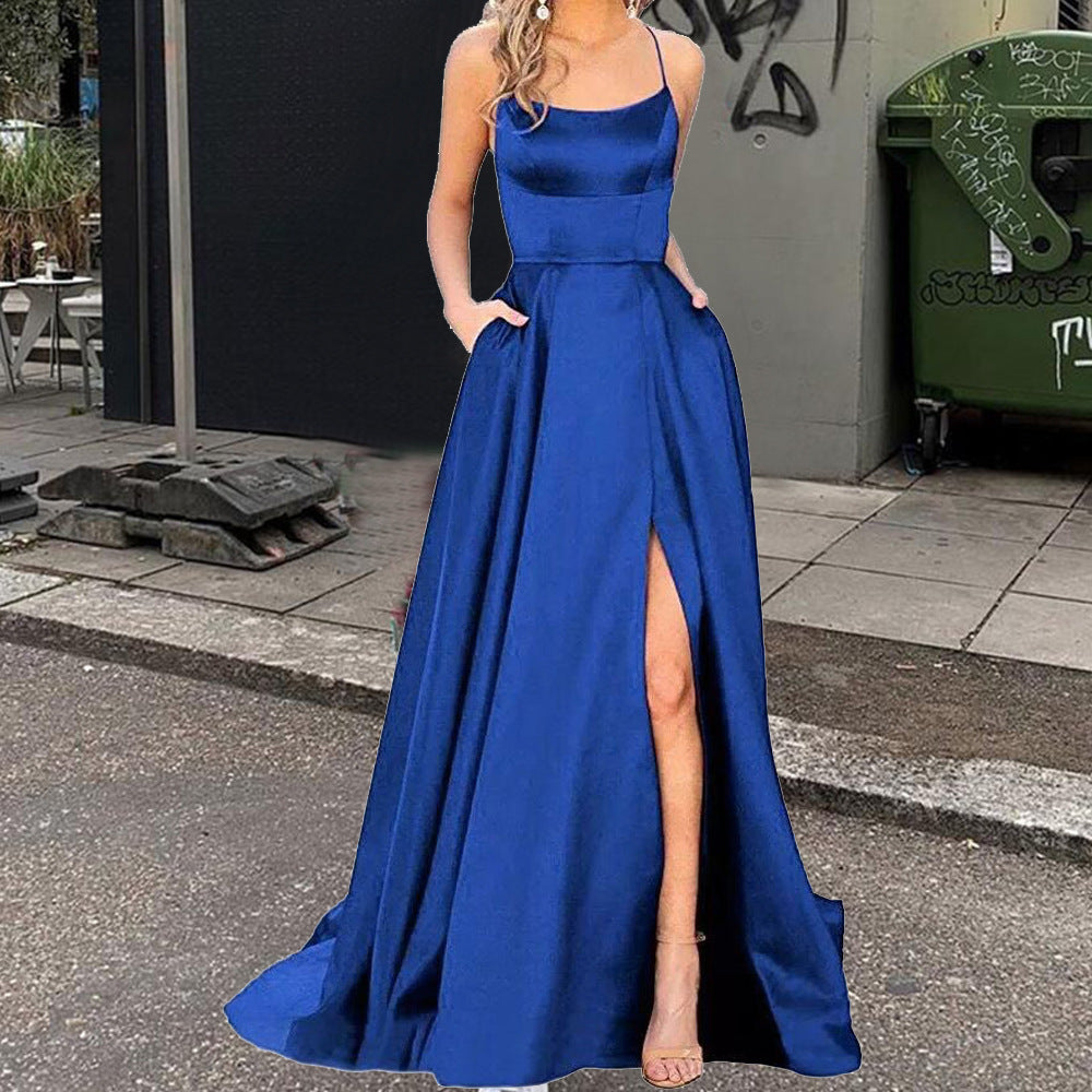 Satin Halter Neck Mermaid High Split Maxi Dress in Red - View 5