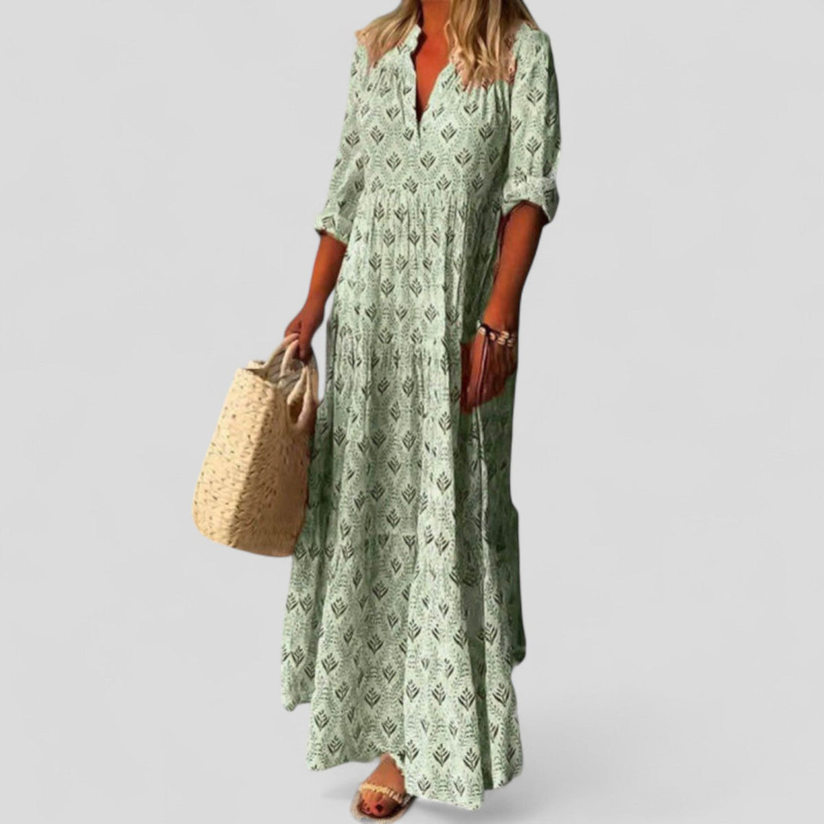 Geometric Print V-Neck Half Sleeve Tiered Maxi Dress 3