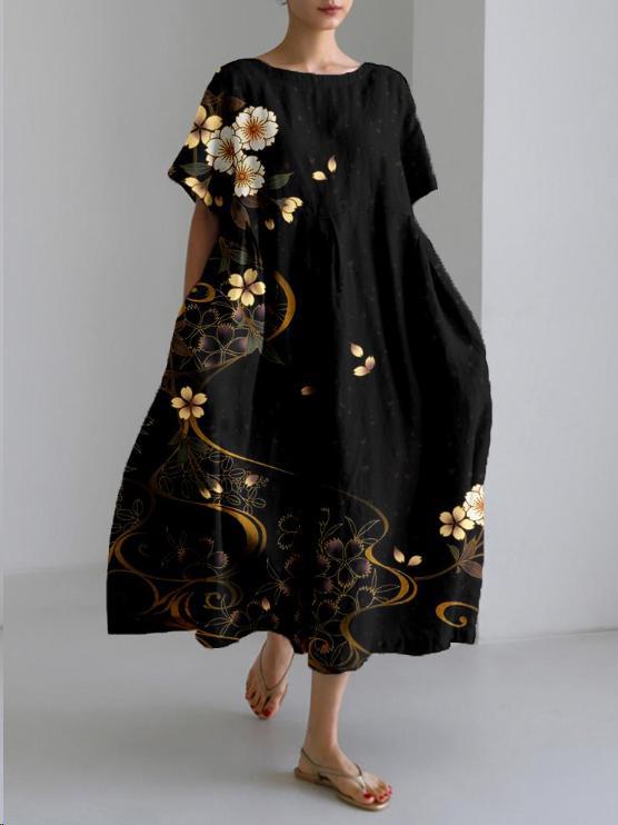 Floral Print Round Neck Drop Shoulder Short Sleeve Maxi Dress - View 5