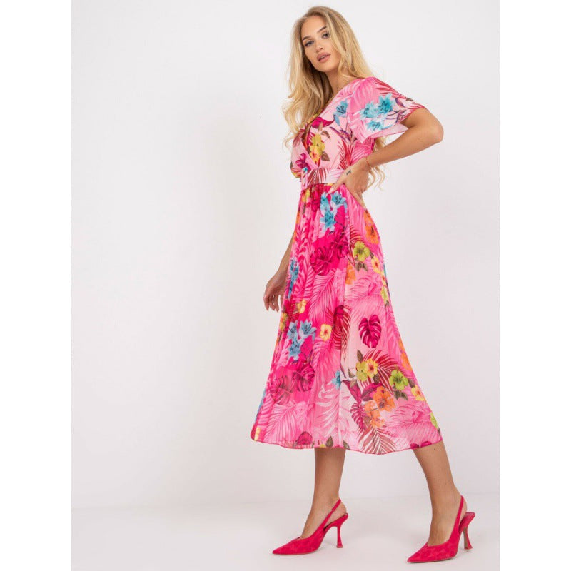 V-Neck Short Sleeve Floral Pleated Belted Midi Dress - View 5