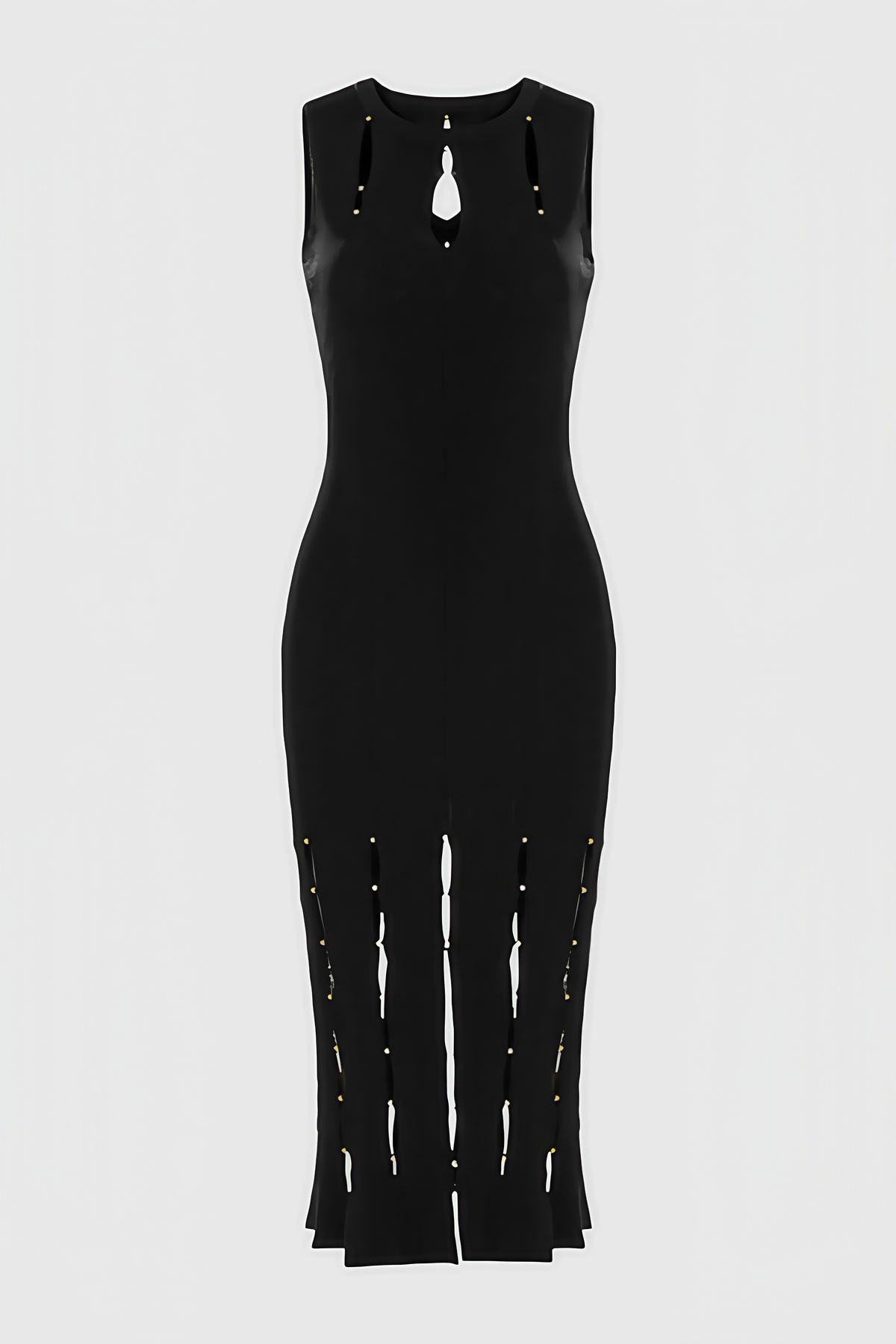 Beaded Openwork Caged Hem Rib Knit Sleeveless Bodycon Midi Dress - View 5