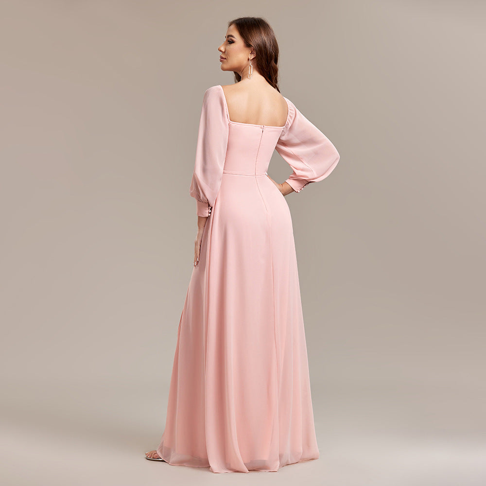 Chiffon Off Shoulder Puff Sleeve High Split A-Line Maxi Dress - View 2