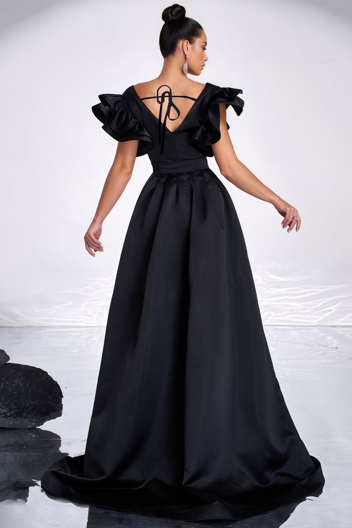 Floral Brocade V-Neck Ruffle Sleeve Mermaid Maxi Gown - View 7