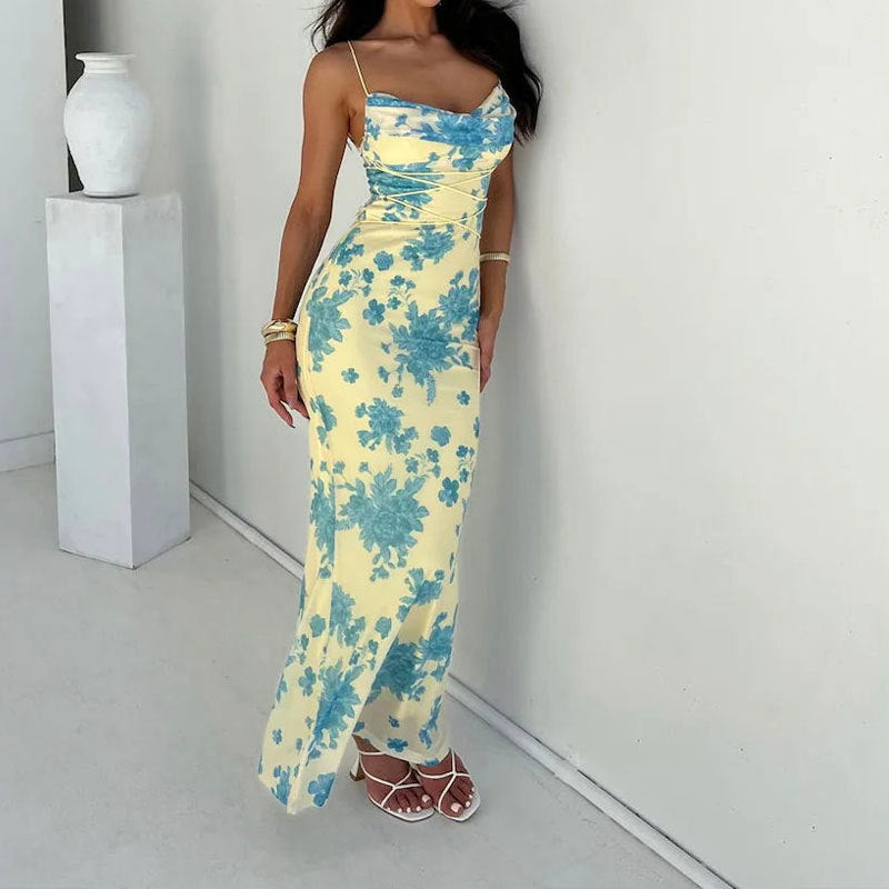 Floral Print Spaghetti Strap Backless Bodycon Maxi Gown - View 2