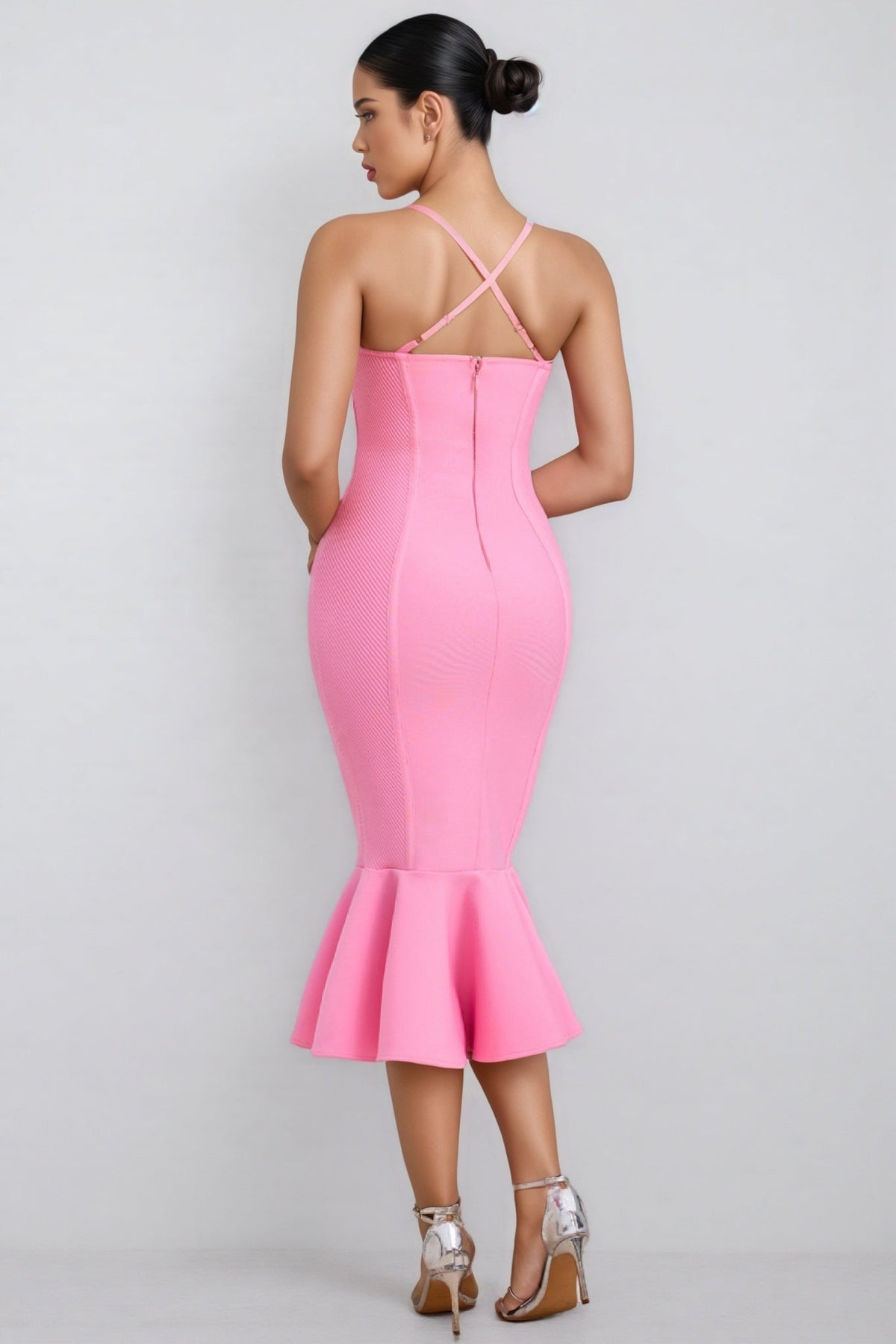 Spaghetti Strap Sweetheart Bandage Mermaid Fishtail Ruffle Midi Dress - View 6