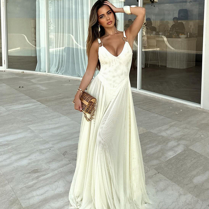 Slim V neck Backless Strap Mesh Dress