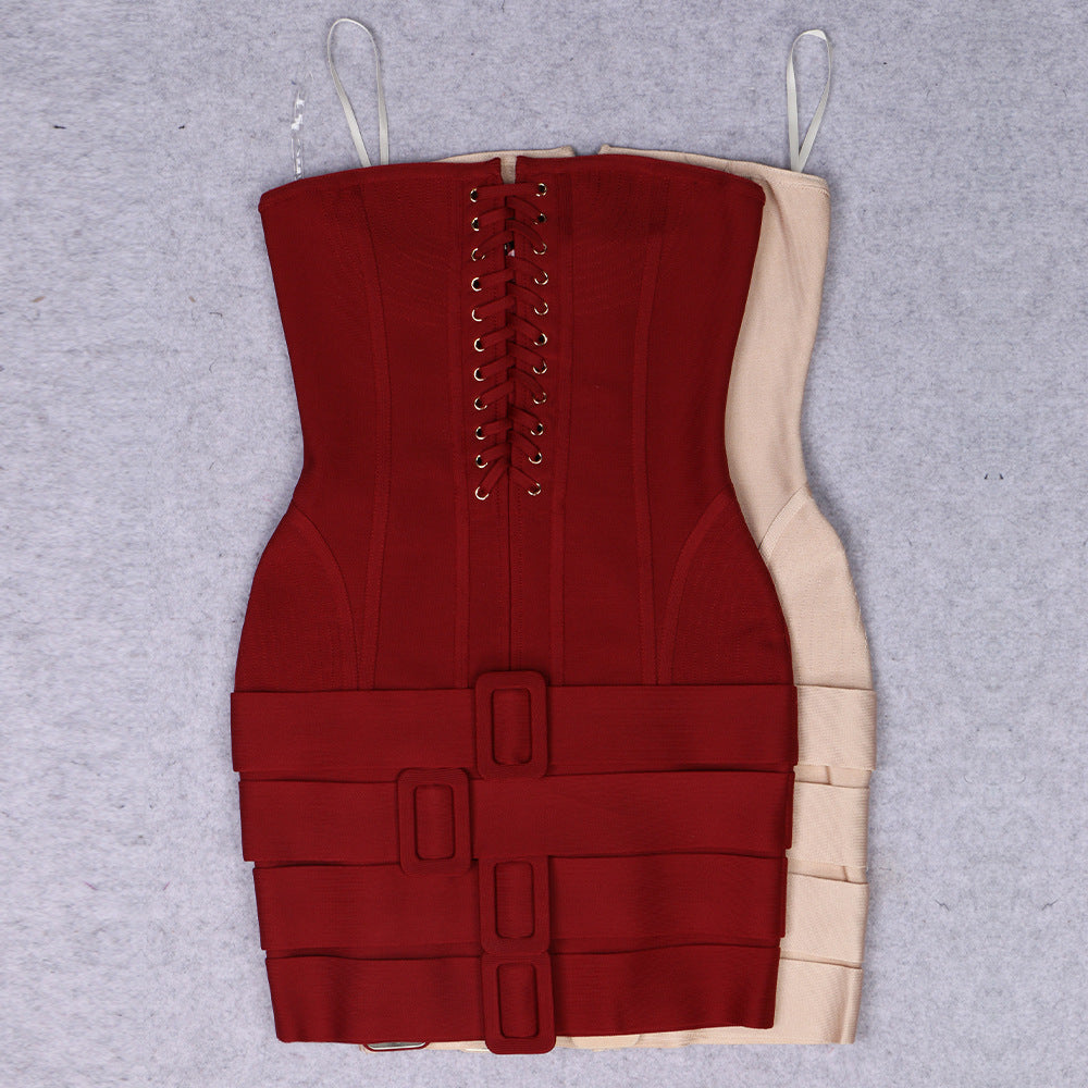 Strapless Corset Lace Up Triple Buckle Strap Bodycon Mini Dress - View 3