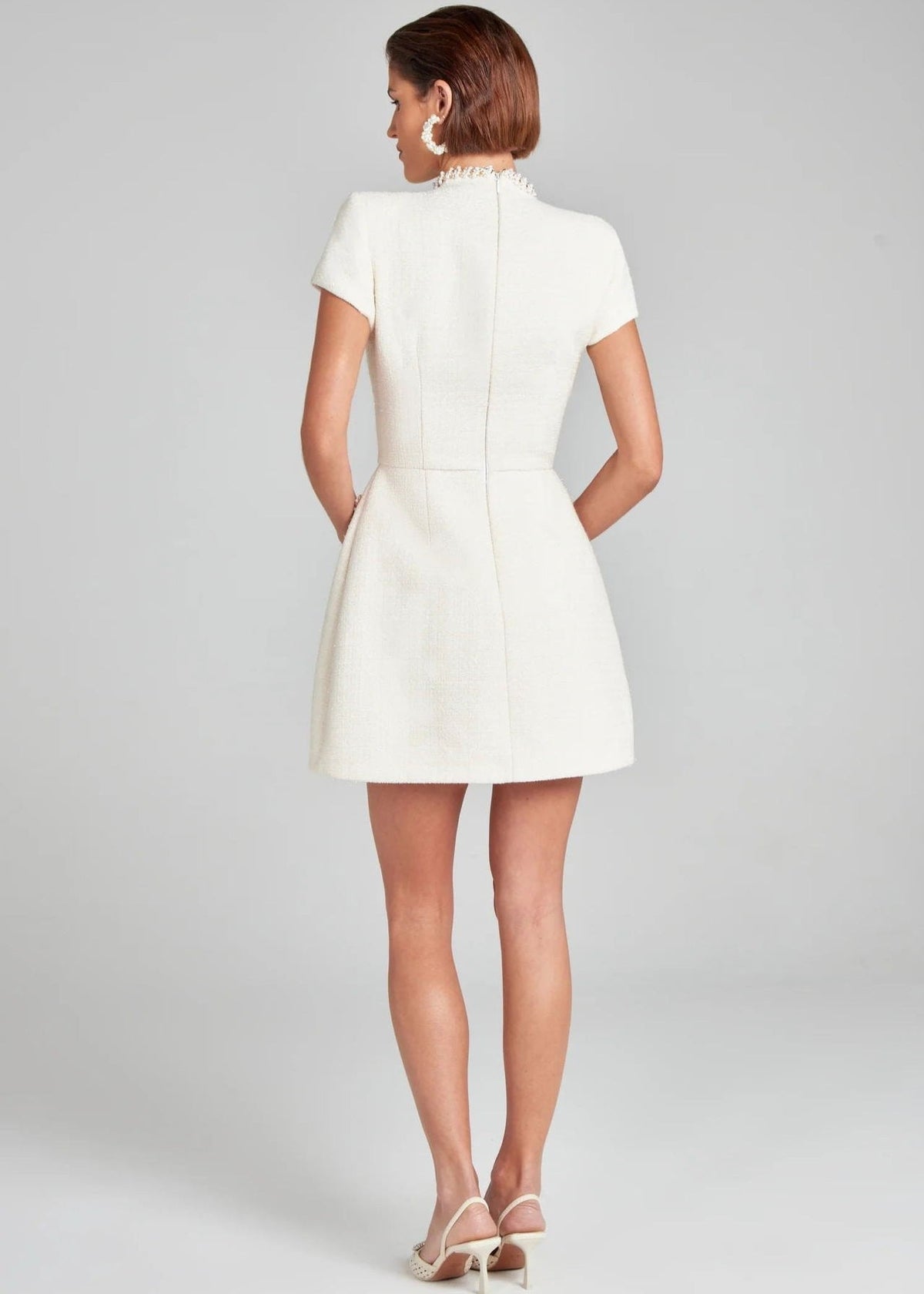 Pearl Crystal Trim Tweed Mock Neck Short Sleeve Mini Dress - View 7