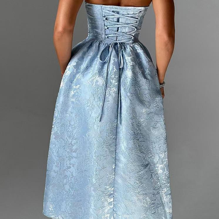 Jacquard Strapless Ruched Waist Fit and Flare Midi Dress - View 9