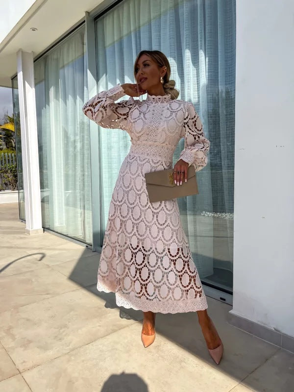 Crochet Lace High Neck Long Sleeve Maxi Dress 6