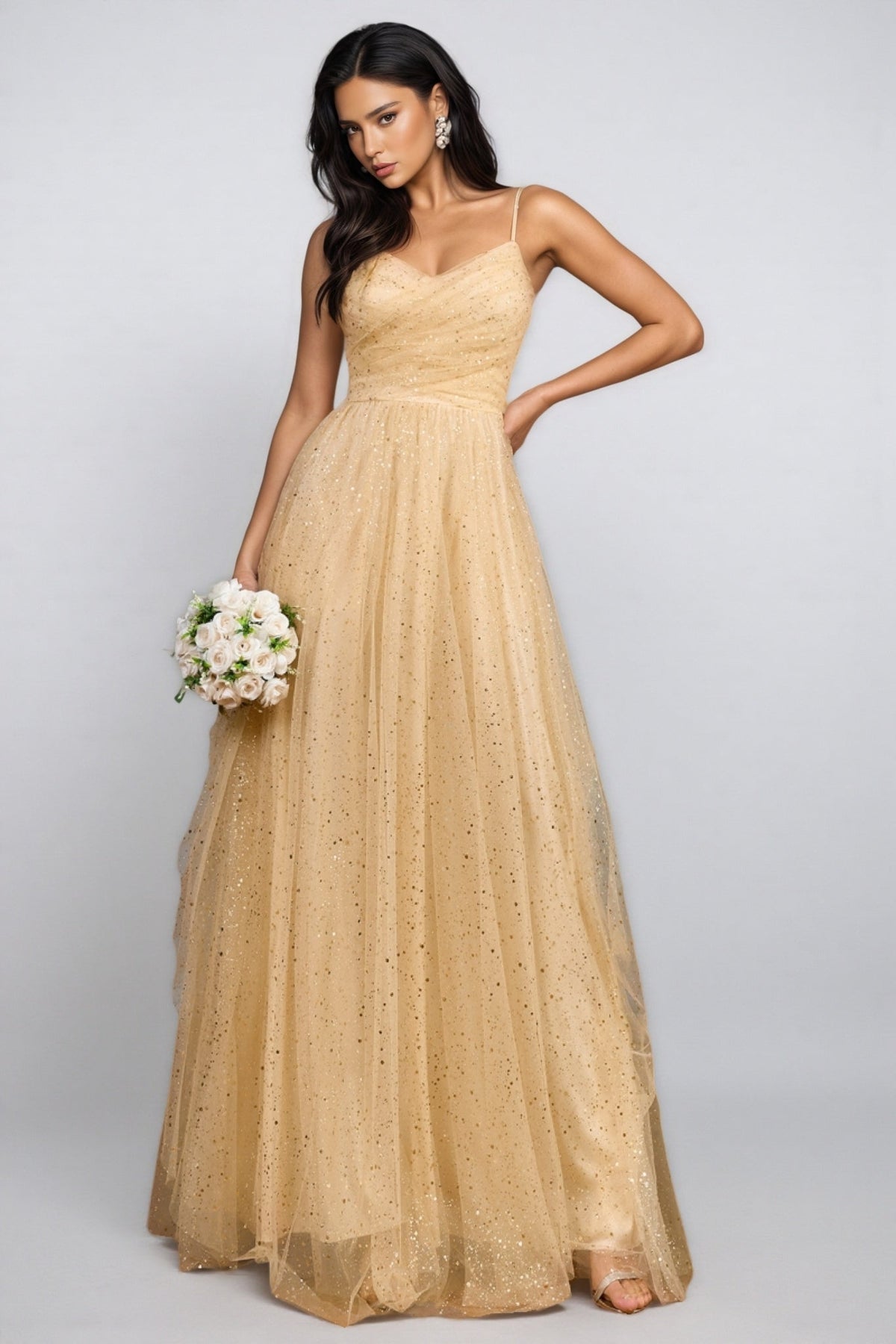 Glitter Tulle V-Neck Spaghetti Strap Ruched A-Line Maxi Gown - View 4