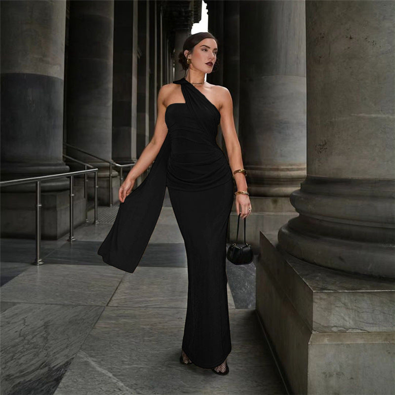 Velvet Halter Neck Ruched Mermaid Maxi Gown - View 4
