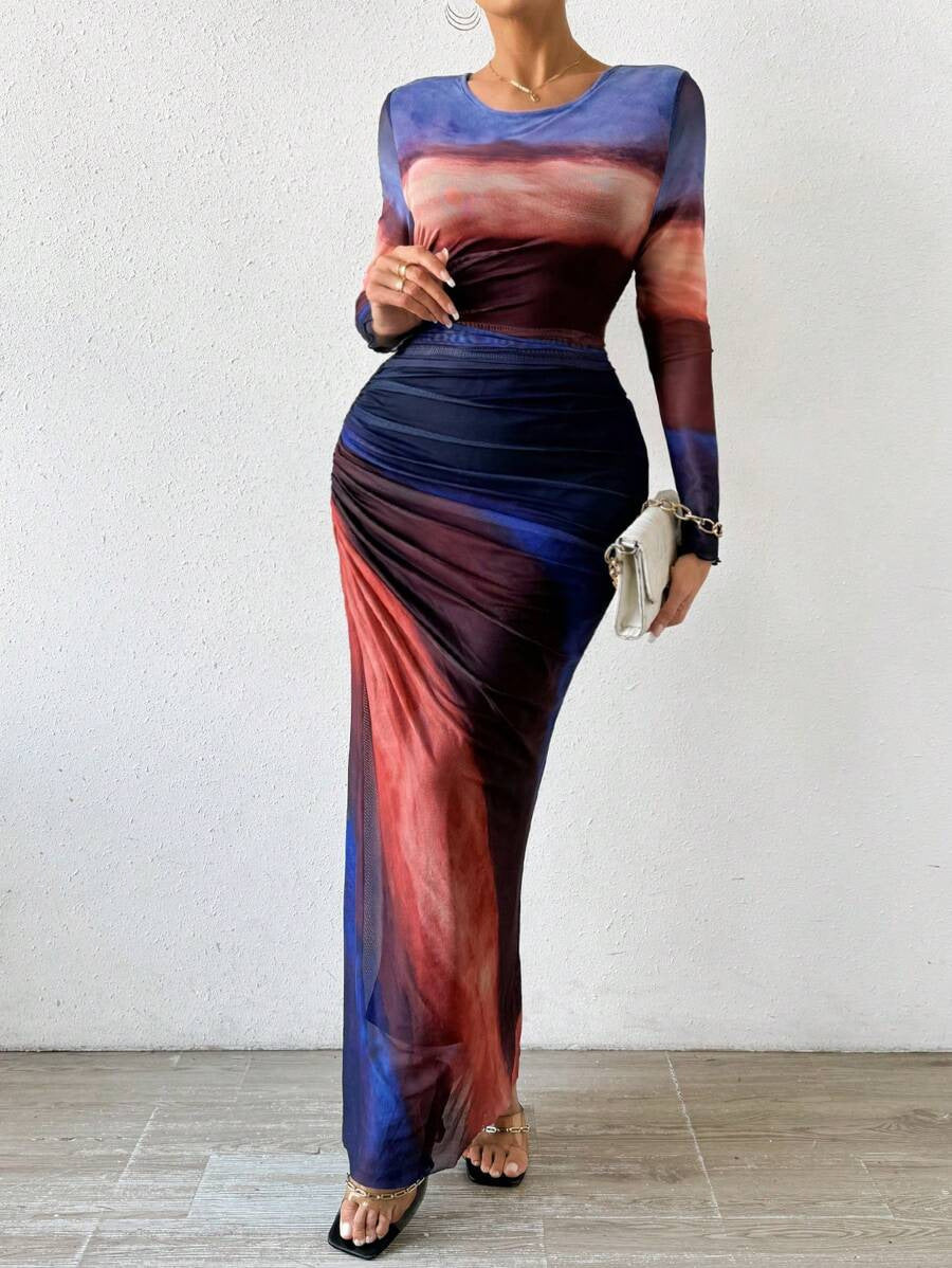 Abstract Print Mesh Ruched Long Sleeve Bodycon Maxi Dress 2