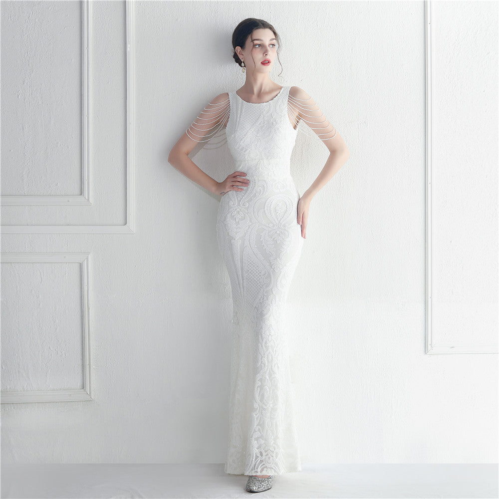 Sequin Beaded Round Neck Fringe Mermaid Maxi Gown - View 2