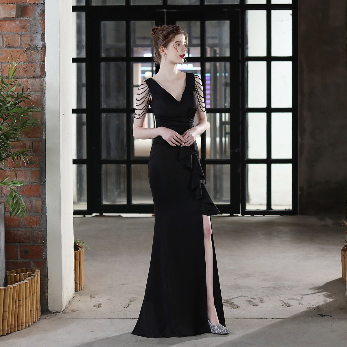 Deep V-Neck Beaded Shoulder Fringe Wrap Waist Side Maxi Gown - View 3