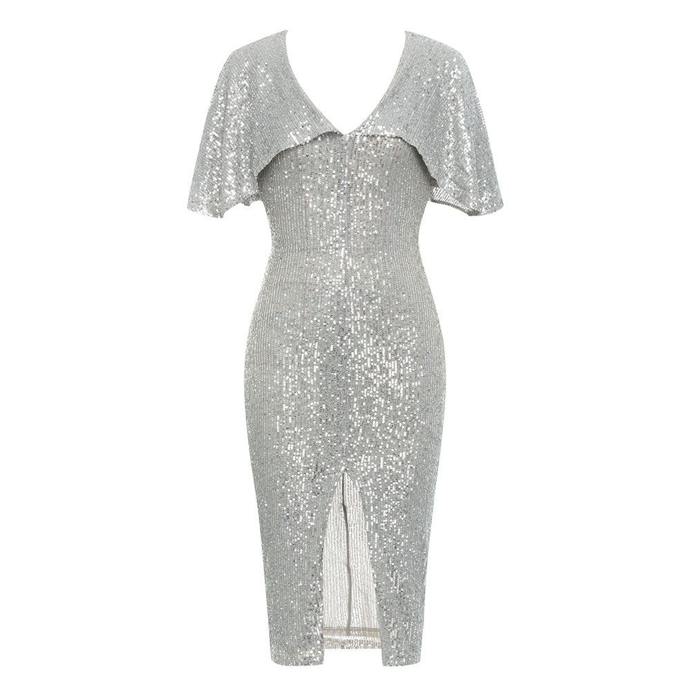 Sequin V-Neck Cape Sleeve High Split Bodycon Midi Party Dress - View 2