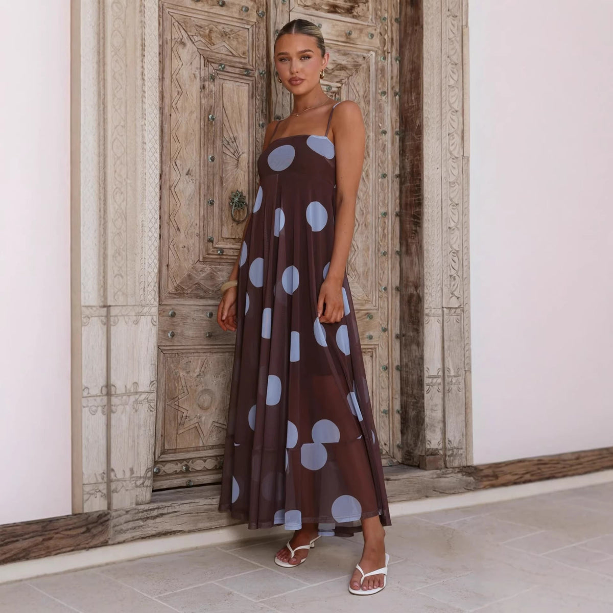 Mesh Spaghetti Strap Square Neck Flowy Tiered Maxi Dress - View 2