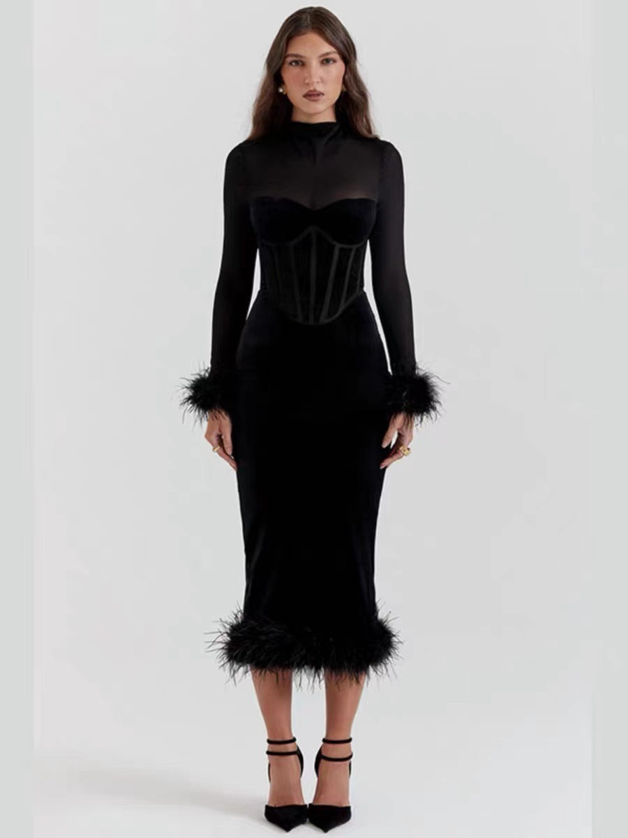 Mesh Mock Neck Long Sleeve Corset Velvet Feather Trim Midi Dress - View 3