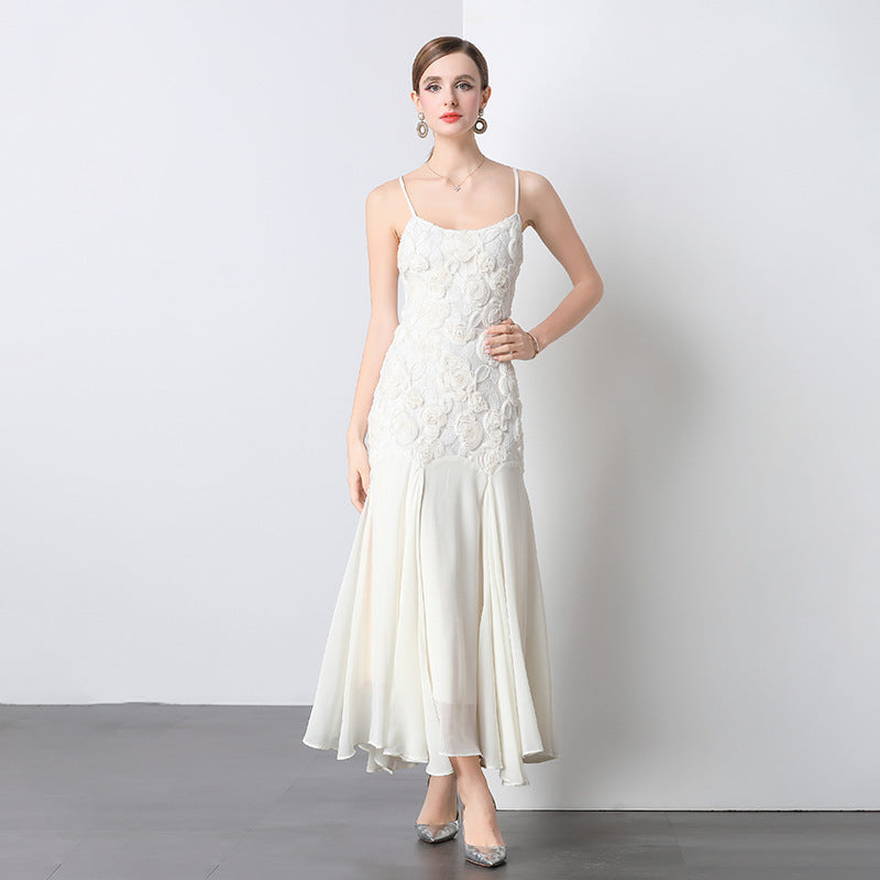 3D Floral Rosette Appliqué Spaghetti Strap Drop Waist Flowy Maxi Gown - View 3