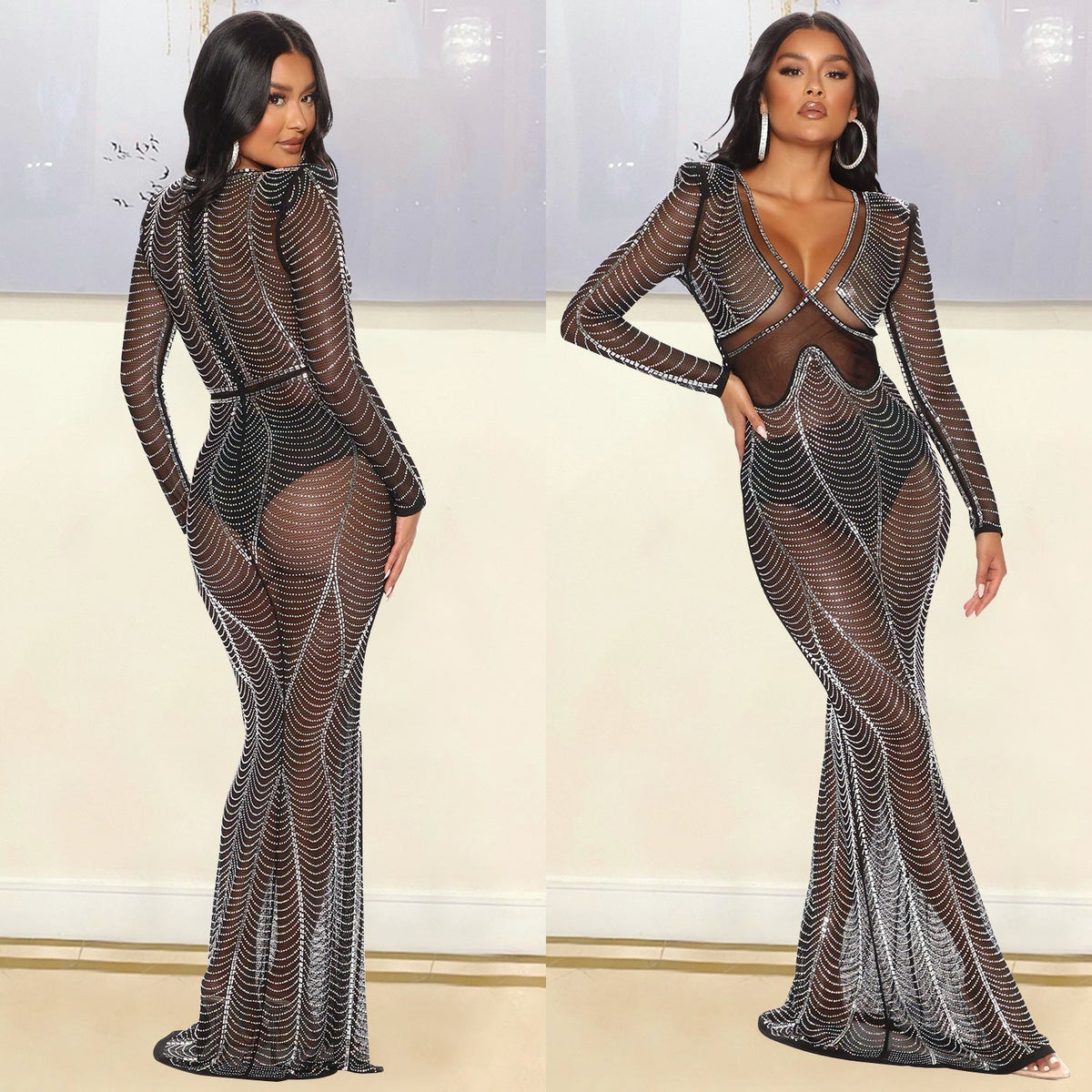 Rhinestone Mesh Deep V-Neck Long Sleeve Maxi Gown - View 2