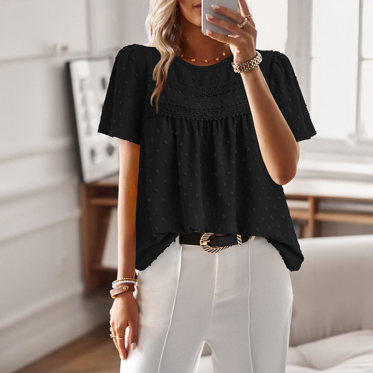 Round Neck Short Sleeve Lace Trim Swiss Dot Blouse 3