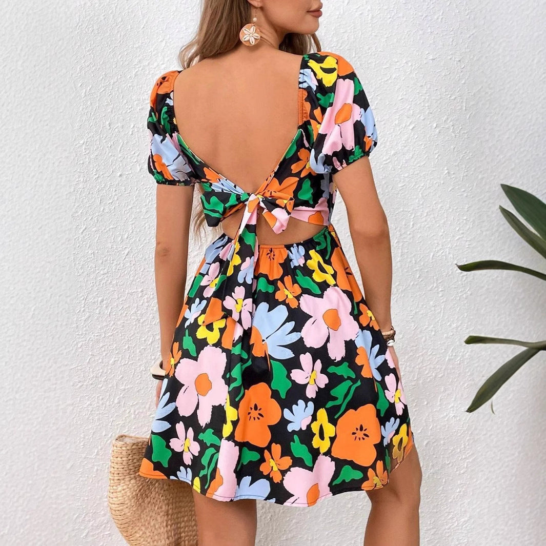Floral Print Square Neck Puff Sleeve Tie Back Open Back Mini Dress - View 2