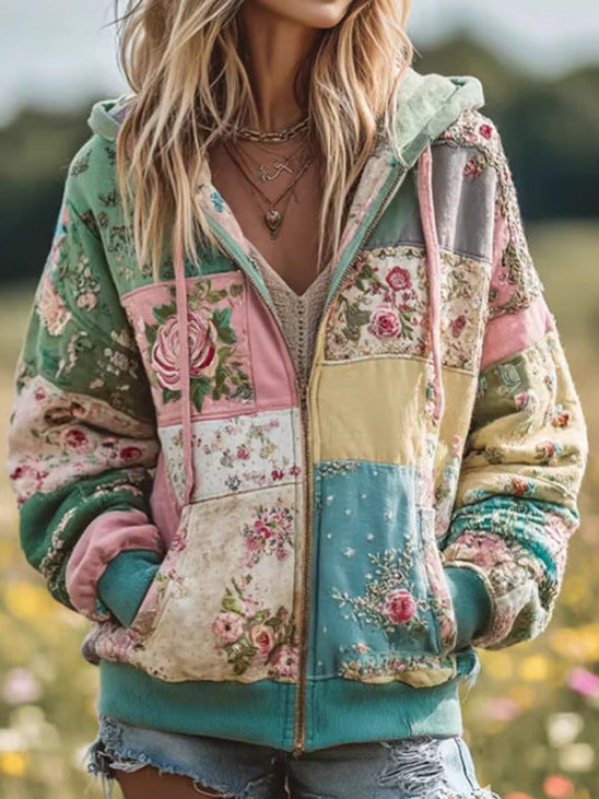 Floral Patchwork Hooded Zip Front Jacket 3