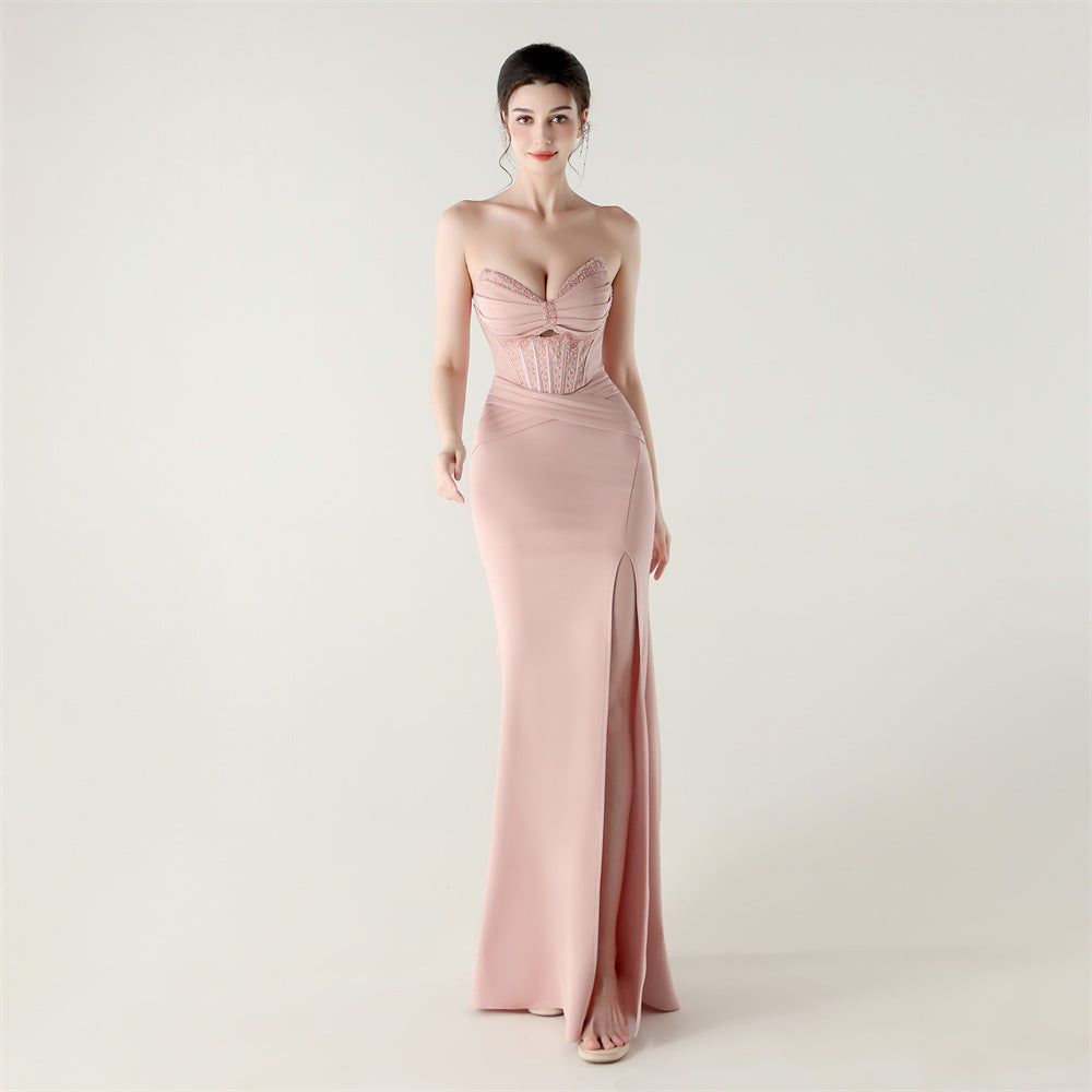 Strapless Sweetheart Corset Ruched High Split Mermaid Gown - View 7