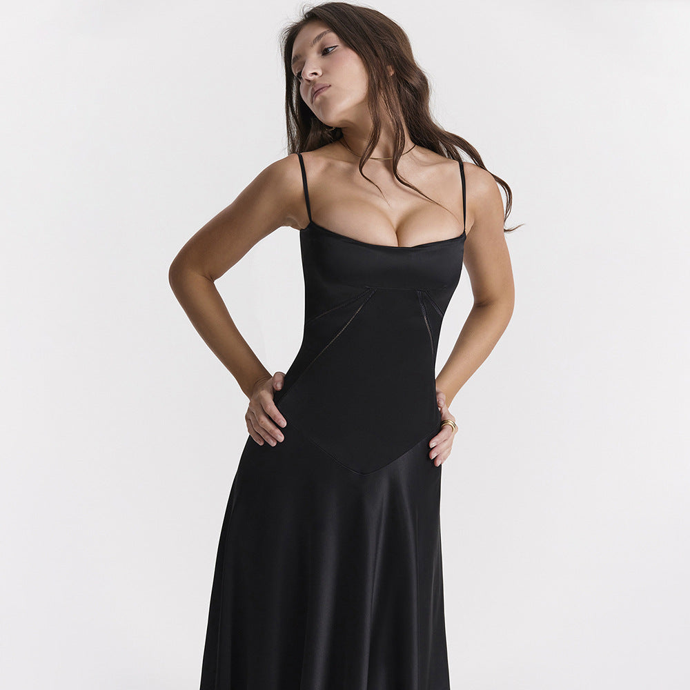 Square Neck Lace Up Back Satin Slip Maxi Dress - View 5