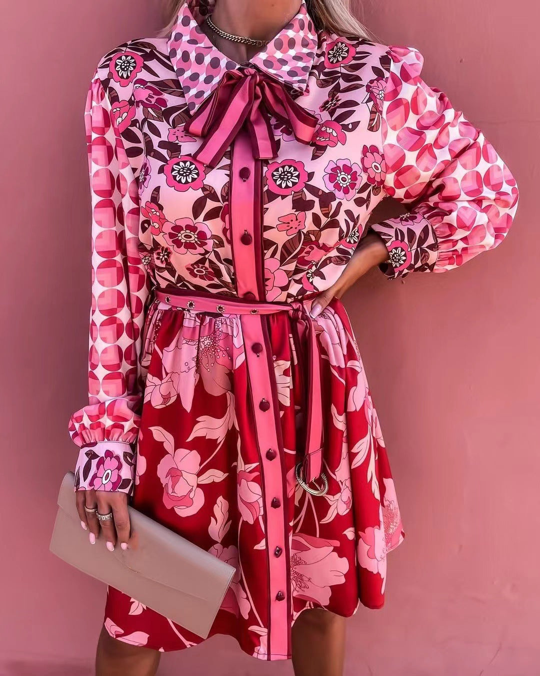 Mixed Print Satin Tie Neck Belted Button Down Long Sleeve Shirt Dress - View 2