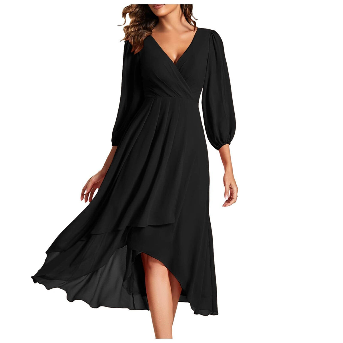 Chiffon V-Neck Long Sleeve Wrap High Low Midi Dress 8