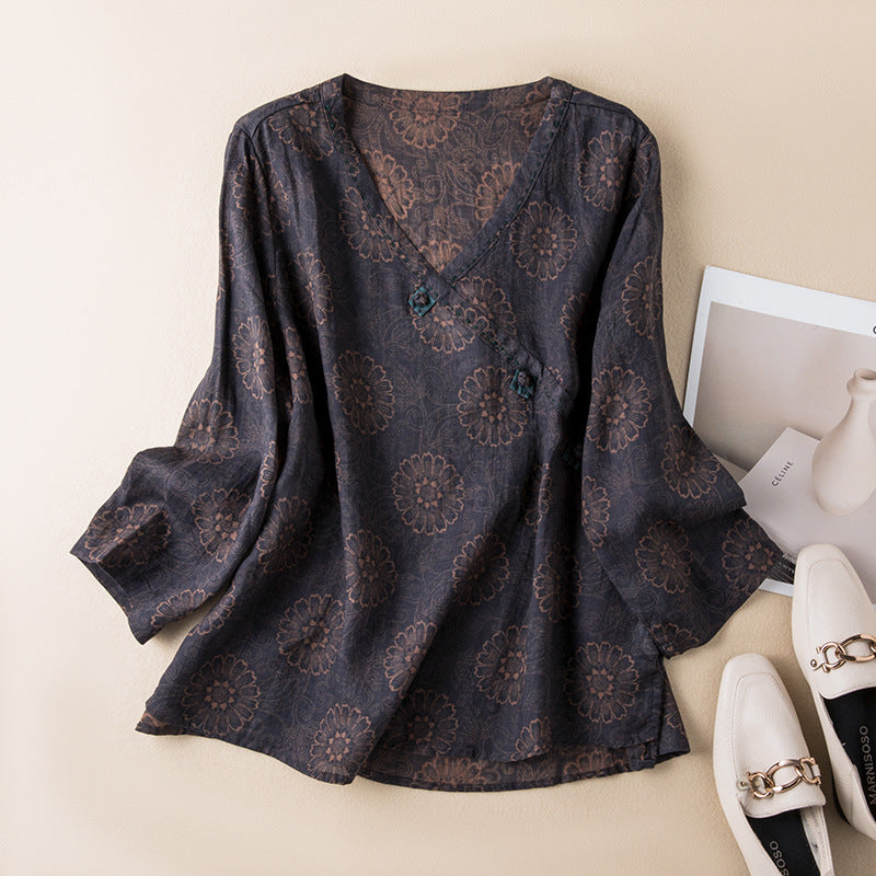 Paisley Print V-Neck Long Sleeve Frog Button Tunic Top 8