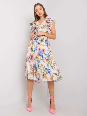 Floral V-Neck Flutter Sleeve Belted Pleated Midi Dress - View 8