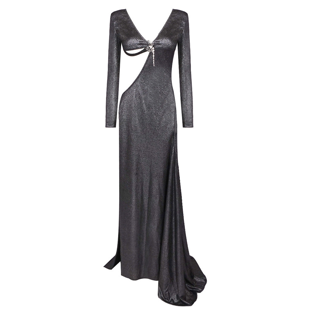 Wear Black Long Sleeve Scorpion Backless Slit Silver Silk Dress - View 5