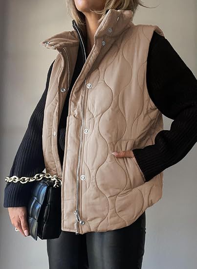 Stand Collar Zip Snap Front Quilted Puffer Vest 7