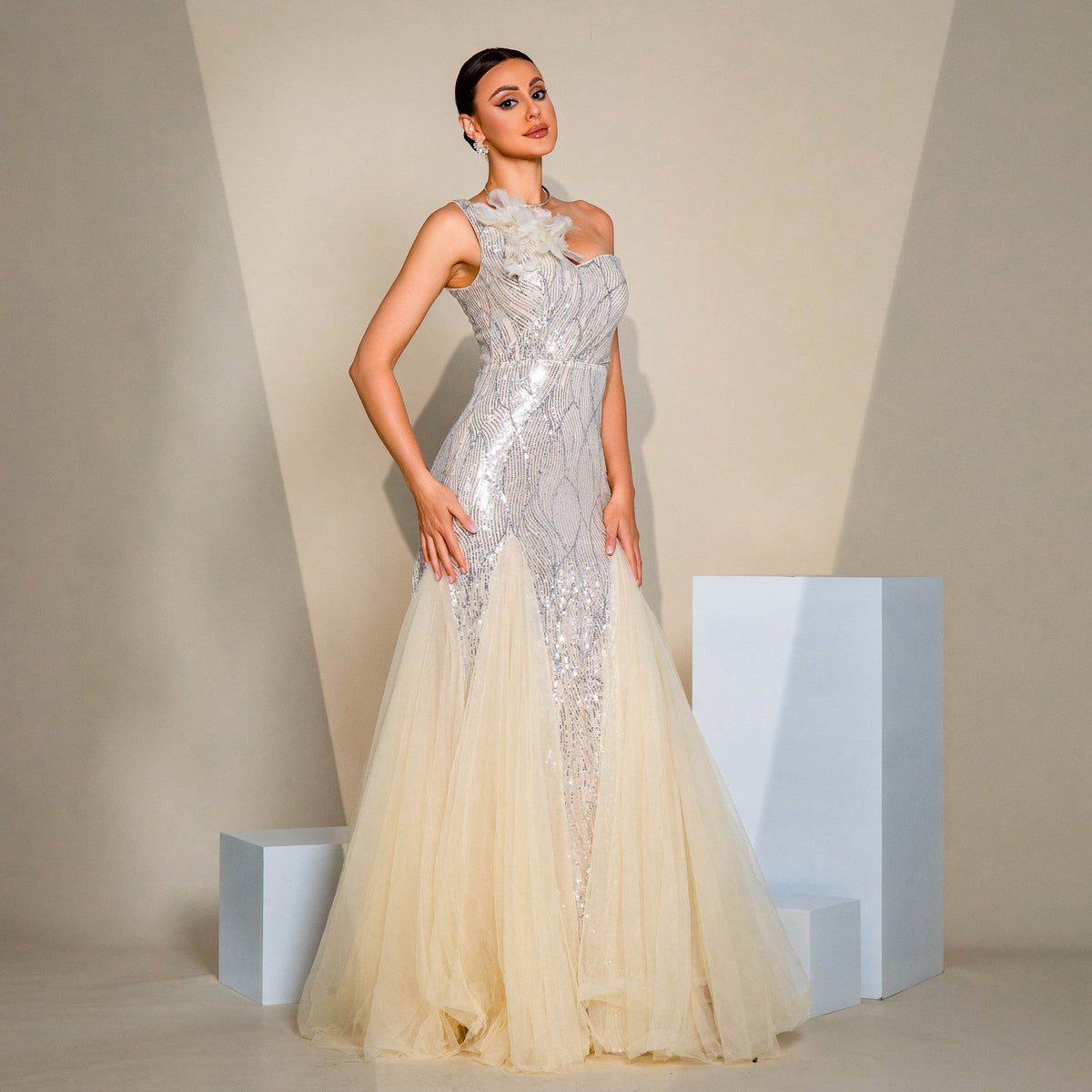 Sequin One Shoulder Floral Applique Tulle Maxi Gown - View 4