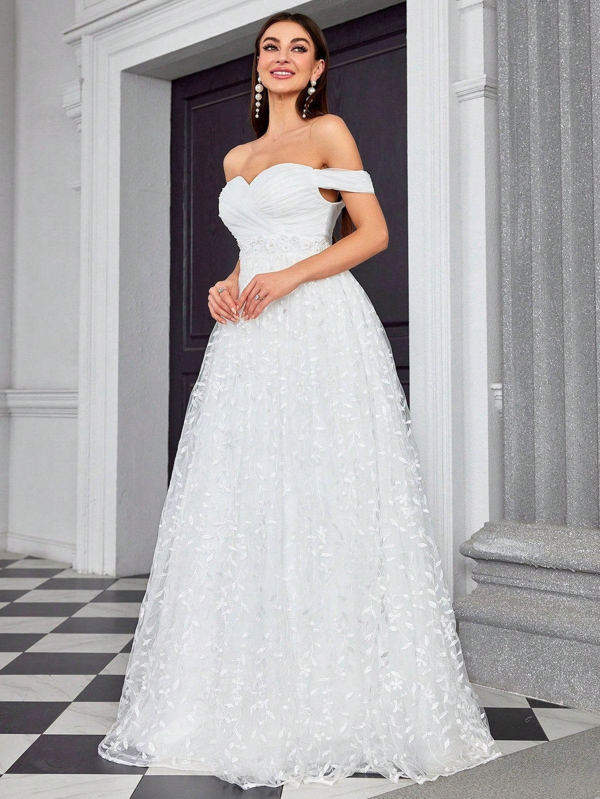 Floral Embroidered Off Shoulder Sweetheart A-Line Maxi Gown - View 5