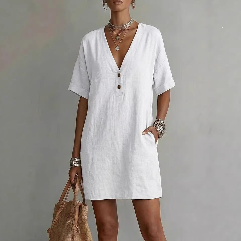 V-Neck Short Sleeve Button Front Shift Mini Dress