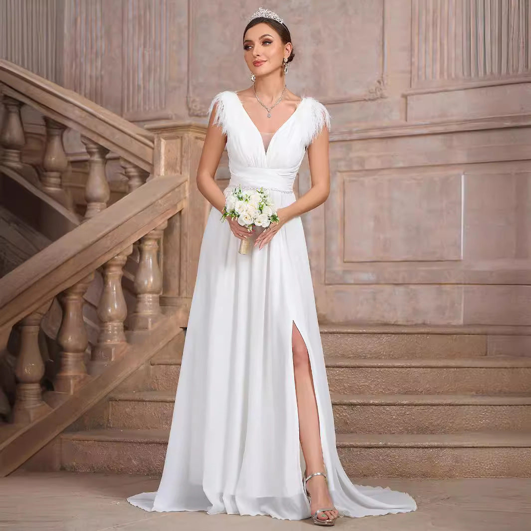 Solid Color V neck Backless Velvet Collar Chiffon Split Elegant Slim Fit Cocktail Evening Dresses - View 3