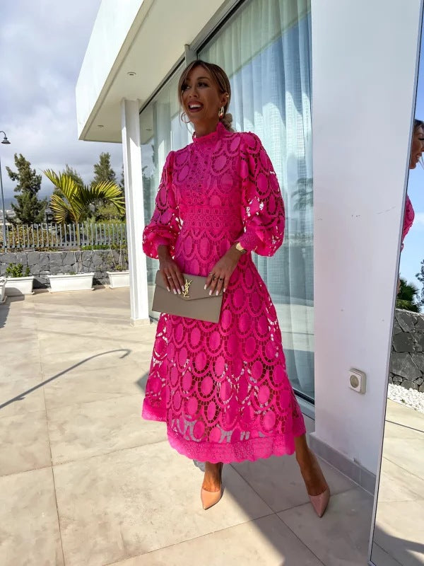 Crochet Lace High Neck Long Sleeve Maxi Dress 10