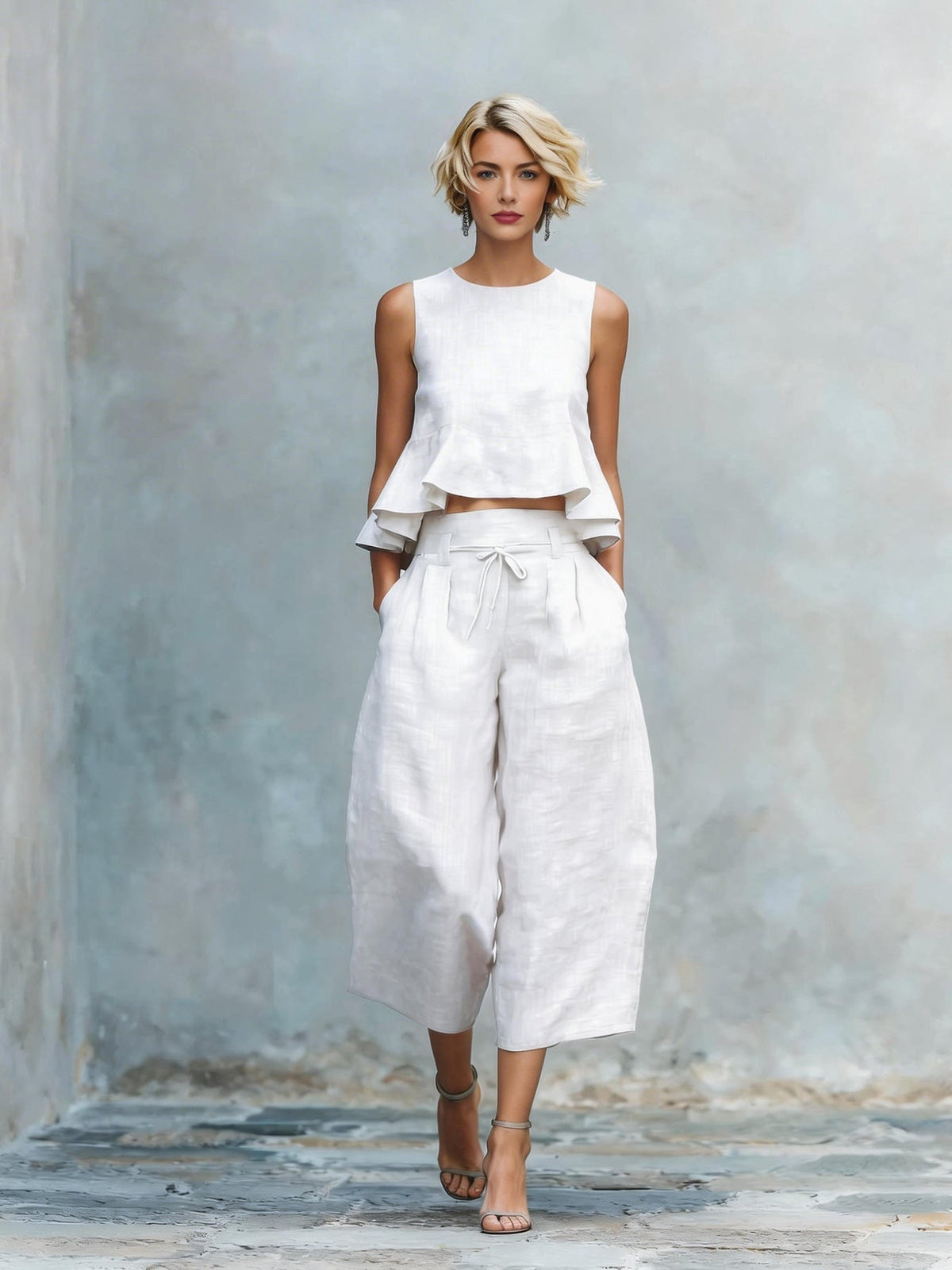 Sleeveless Ruffle Hem Top and Wide Leg Cropped Pants Two Piece Set 2