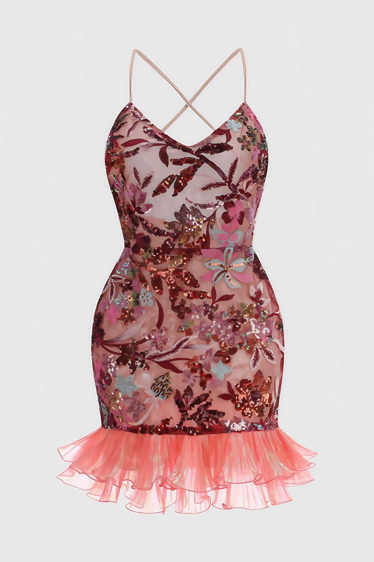 Sequin Floral Sweetheart Spaghetti Strap Ruffle Bodycon Mini Dress - View 3