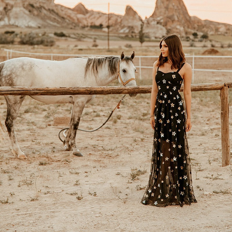 Five Pointed Star Mesh Camisole See Through Dress Maxi Dress - View 4