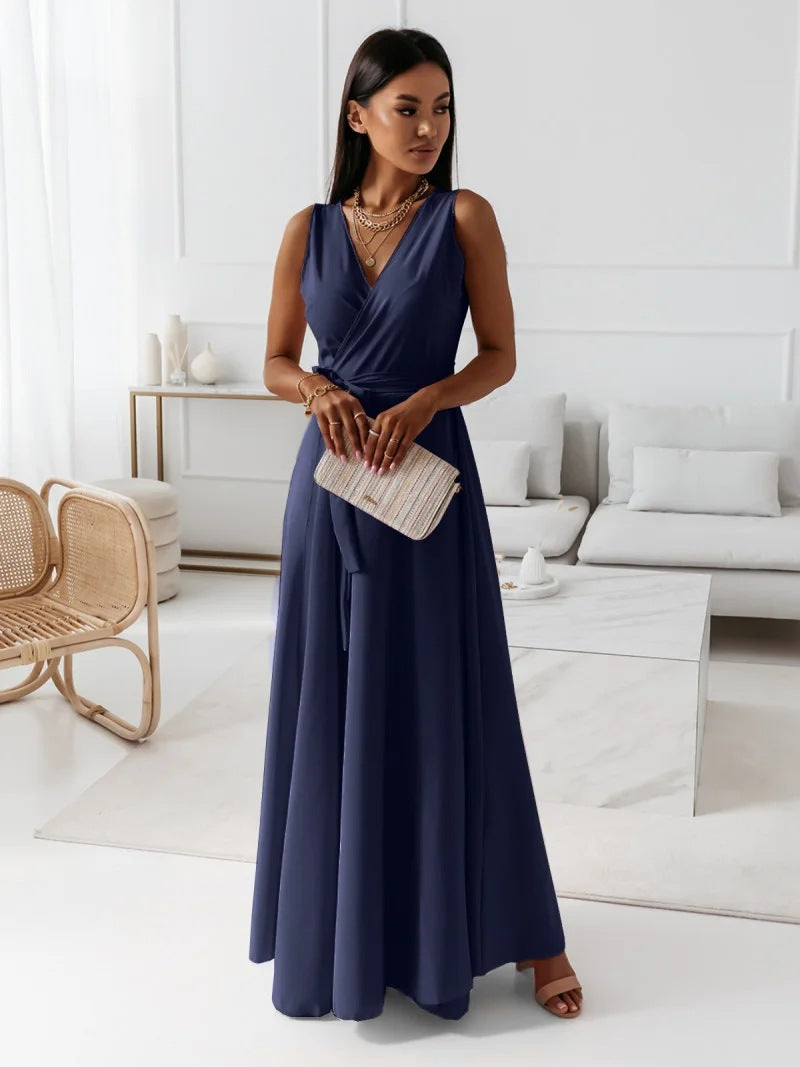 Sleeveless V-Neck Wrap Tie Waist Bow Sash Flowy Maxi Gown - View 6
