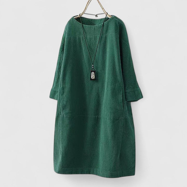 Corduroy Round Neck Long Sleeve Pocket Shift Dress 4