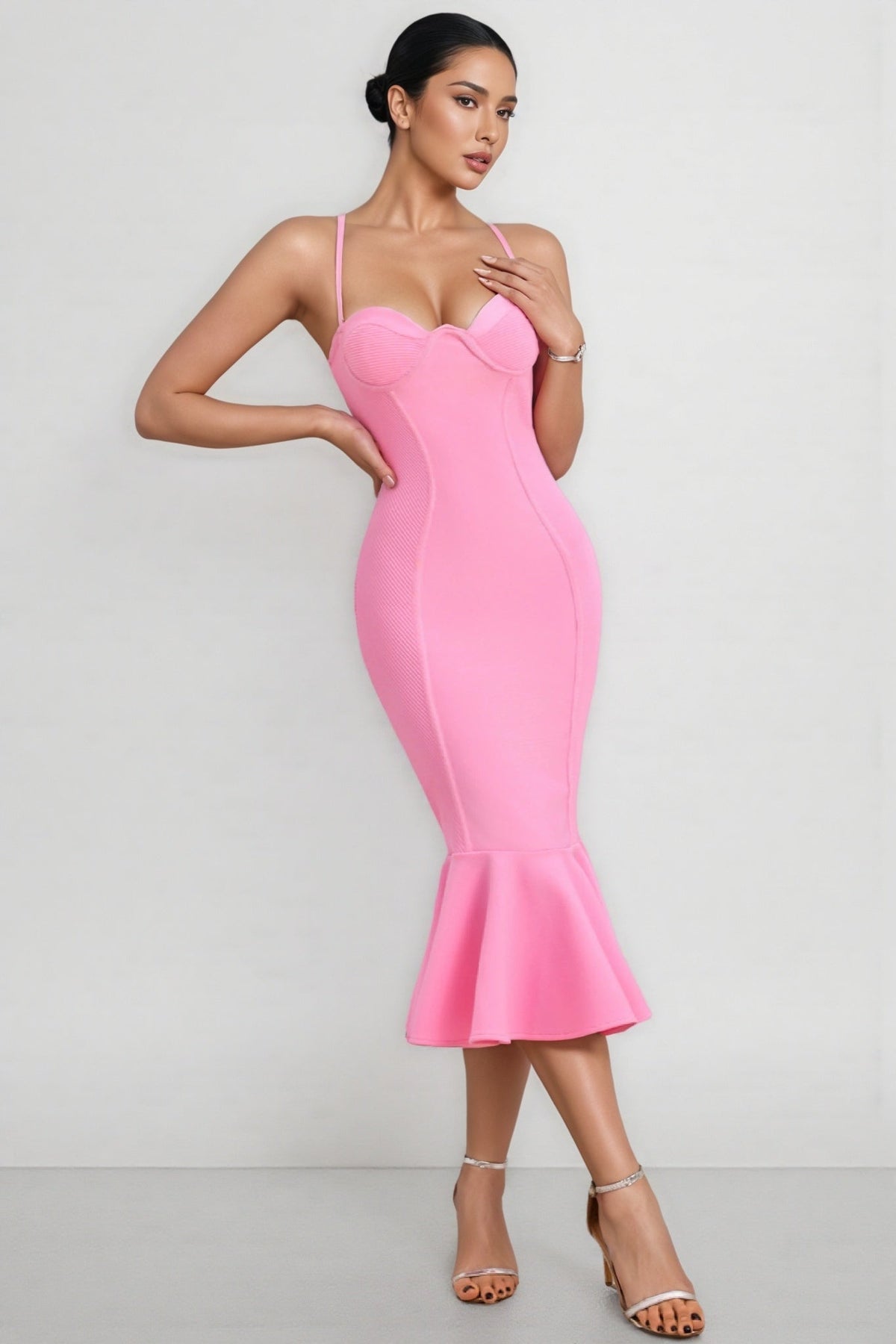 Spaghetti Strap Sweetheart Bandage Mermaid Fishtail Ruffle Midi Dress - View 3