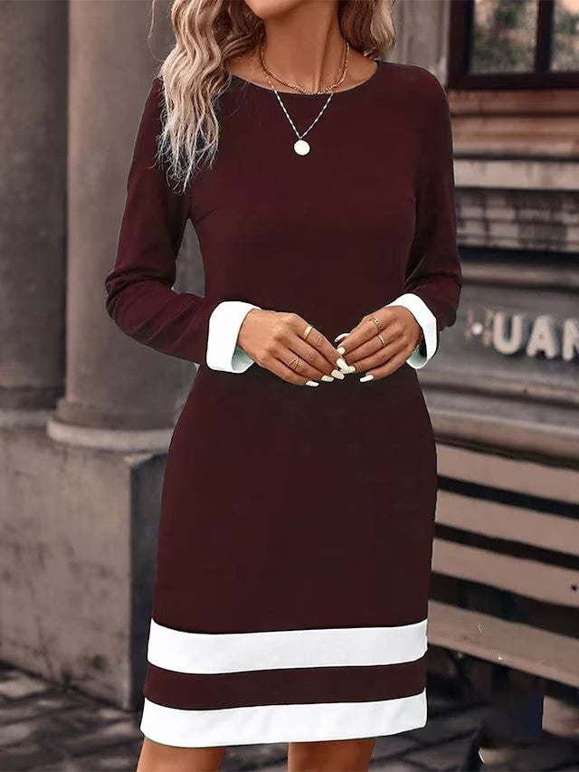 Crew Neck Long Sleeve Contrast Cuff Stripe Hem Bodycon Knee Dress - View 3