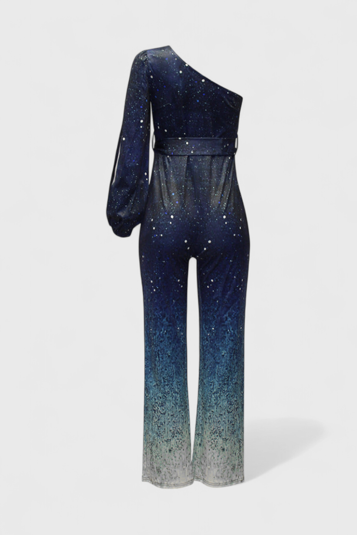 One Shoulder Long Sleeve Sequin Tie Waist Flare Leg Jumpsuit 3