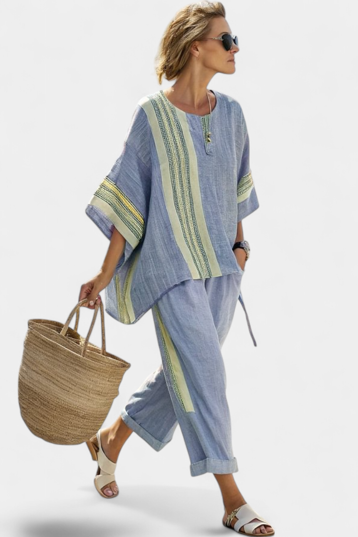 Half Sleeve Contrast Stripe Top and Pants Two Piece Set 9